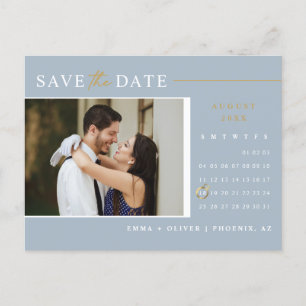 Elegant Dusty Blue Save the Date Calendar QR Code Postkarte