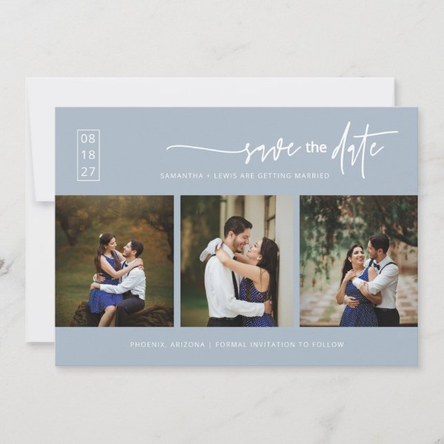 Elegant Dusty Blue Save the Date QR Code Foto Einladung (Vorderseite)