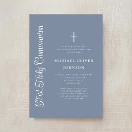 Elegant Dusty Blue Script Boy First Communion Einladung
