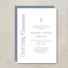 Elegant Dusty Blue Script Boy First Communion Einladung