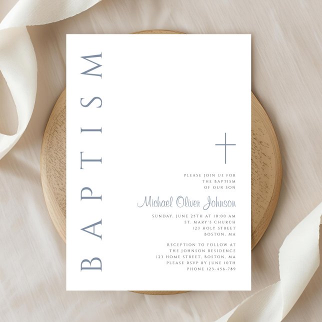 Elegant Dusty Blue Script Cross Baptisse Einladung (Elegant Dusty Blue Script Cross Baptism Invitation)