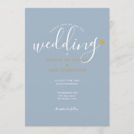 Elegant Dusty Blue Script Gold Heart Wedding Einladung