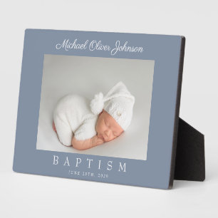 Elegant Dusty Blue Script Taufe Foto Fotoplatte