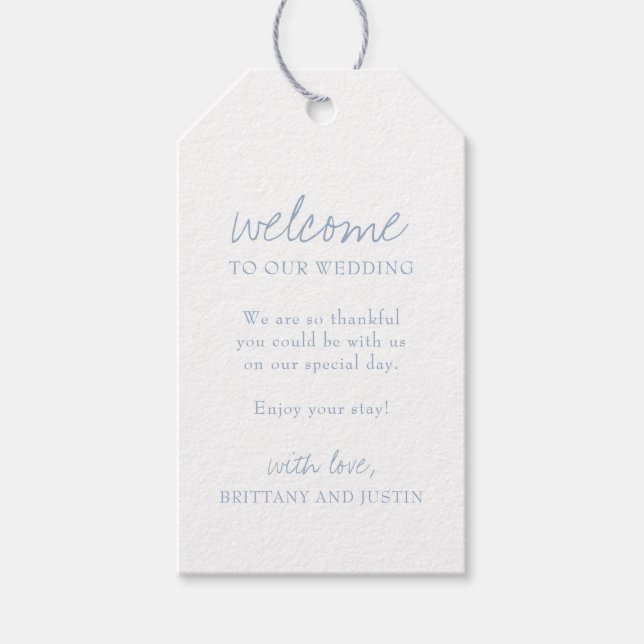 Elegant Dusty Blue Script Wedding Begrüßungsgesche Geschenkanhänger (Vorderseite)