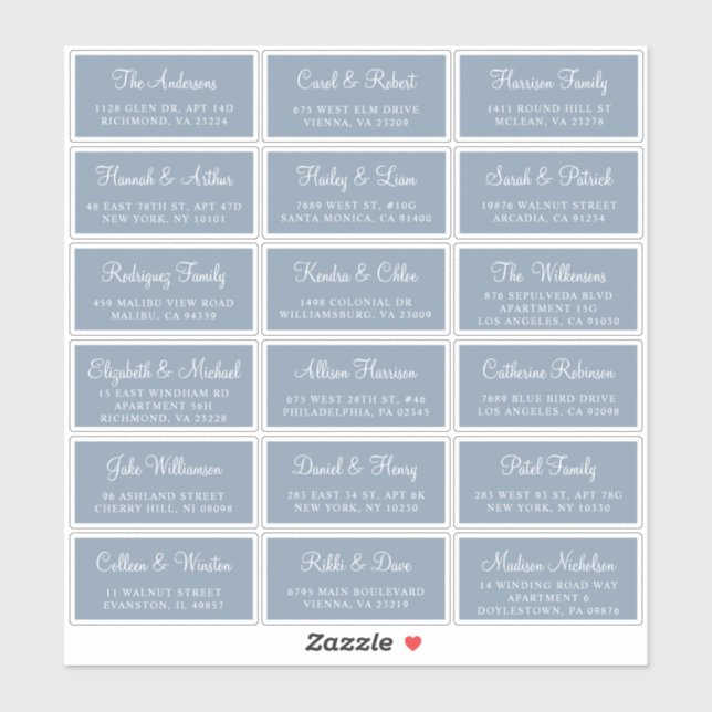 Elegant Dusty Blue Script Wedding Guest Address Aufkleber (Blatt)