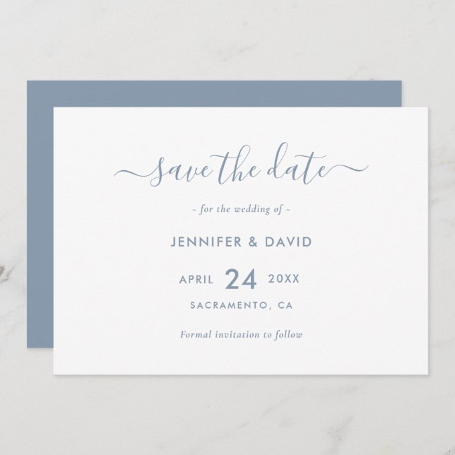 Elegant Dusty Blue Script Wedding Save the Date (Vorne/Hinten)