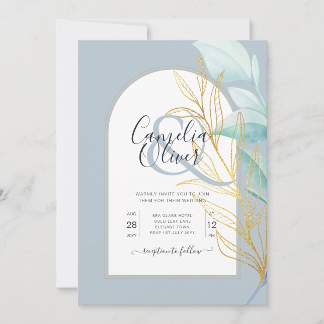 Elegant Dusty Blue SeaGlass Gold Leaf Arch Wedding Einladung (Vorderseite)