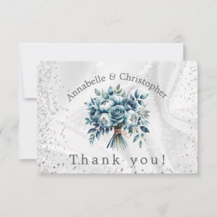 Elegant Dusty Blue Silver Bouquet Wedding Dankeskarte