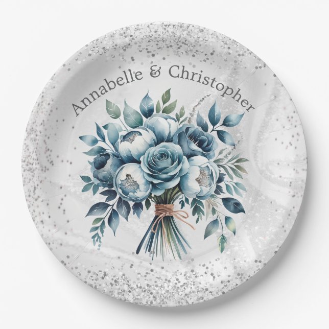 Elegant Dusty Blue Silver Bouquet Wedding Pappteller (Vorderseite)