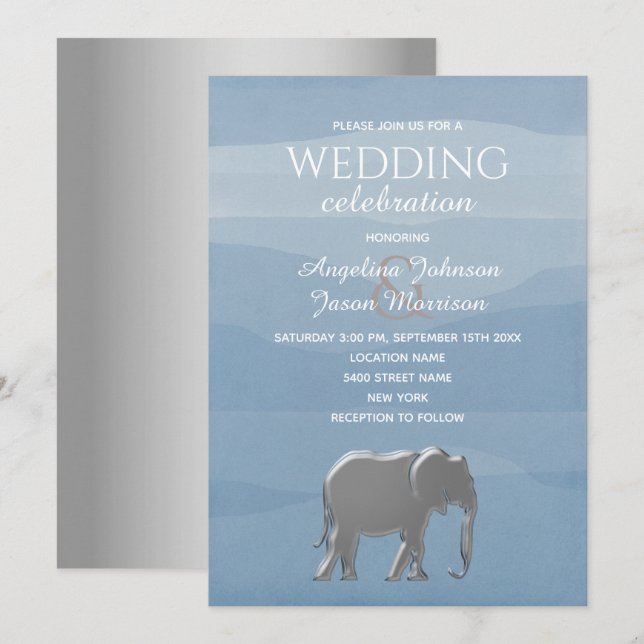Elegant Dusty Blue Silver Elephant Wedding Einladung (Vorne/Hinten)