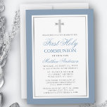 Elegant Dusty Blue Silver First Holy Communion Einladung<br><div class="desc">Moderne Elegante Dusty Blau und Silber Erste Heilige Kommunion Einladung mit Kreuz.</div>