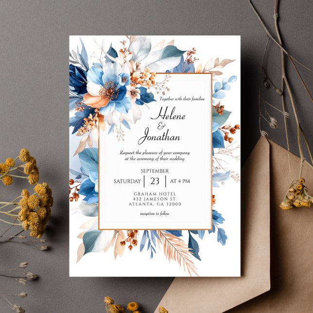 Elegant Dusty Blue Silver Terracotta Boho Wedding Einladung (Elegant Dusty Blue Silver Terracotta Boho Wedding Invitation)