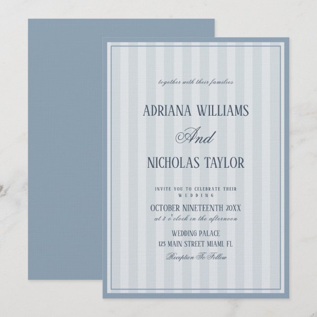 Elegant Dusty Blue Striped Wedding Einladung (Vorne/Hinten)