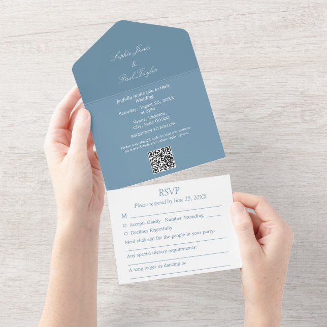 Elégant Dusty Blue tout en un mariage Invitation (Déchirure)