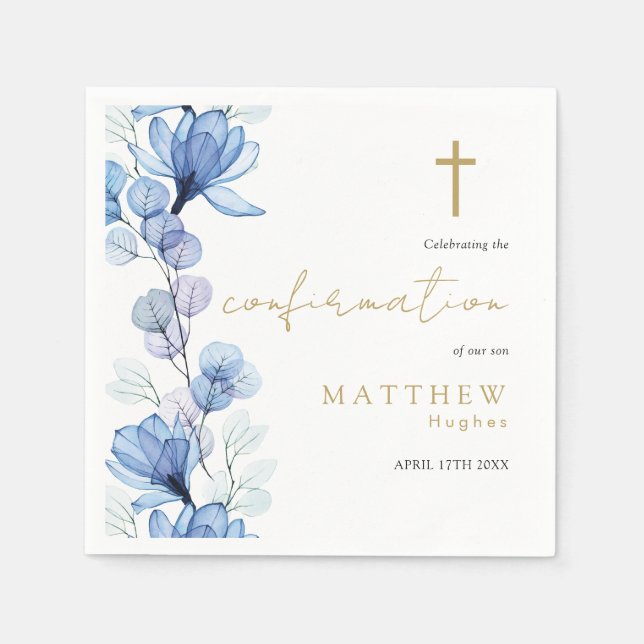 Elegant Dusty Blue Transparent Floral Confirmation Serviette (Vorderseite)