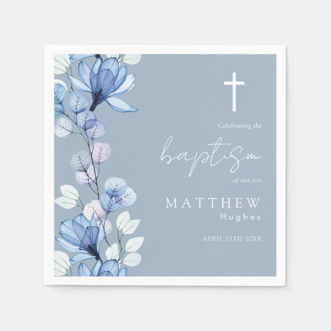 Elegant Dusty Blue Transparent Floral Taufe Serviette (Vorderseite)
