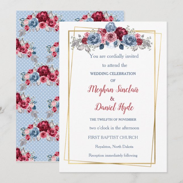 Elegant Dusty Blue und Burgundy Wedding Einladung (Vorne/Hinten)
