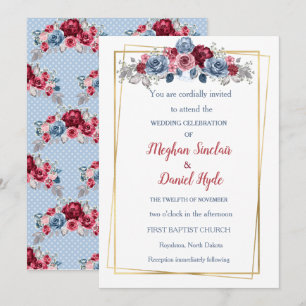 Elegant Dusty Blue und Burgundy Wedding Einladung