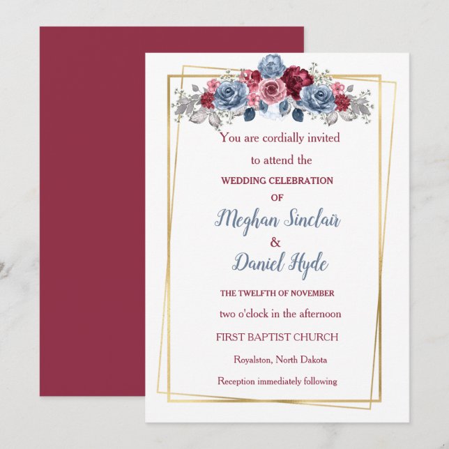 Elegant Dusty Blue und Burgundy Wedding Einladung (Vorne/Hinten)