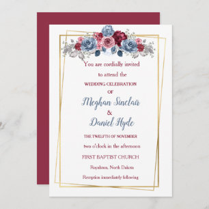 Elegant Dusty Blue und Burgundy Wedding Einladung