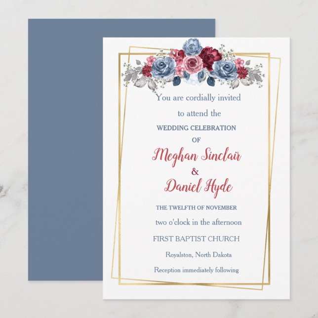 Elegant Dusty Blue und Burgundy Wedding Einladung (Vorne/Hinten)