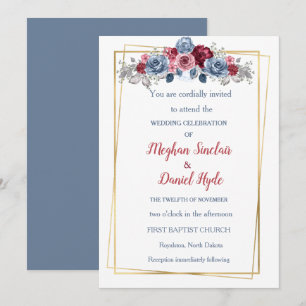 Elegant Dusty Blue und Burgundy Wedding Einladung