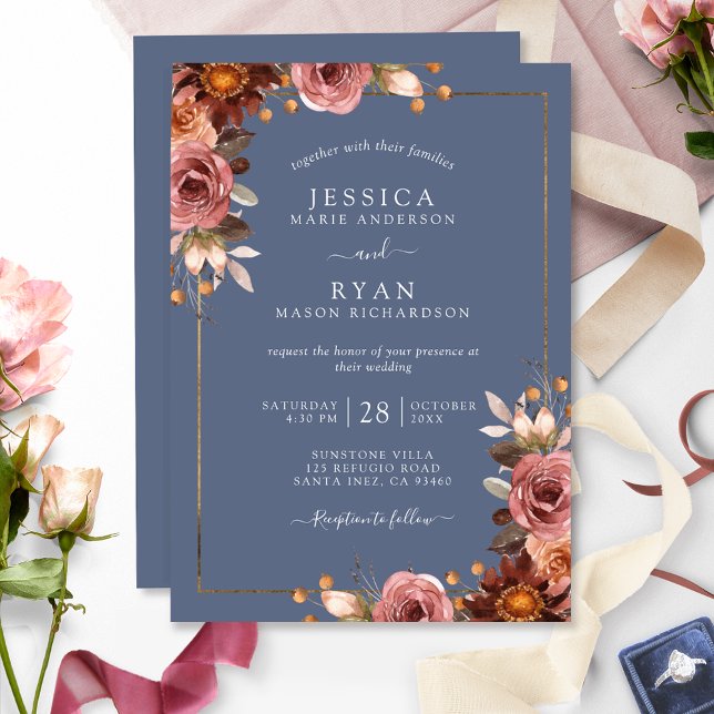 Elegant Dusty Blue und Dusty Rose Floral Wedding Einladung (Von Creator hochgeladen)