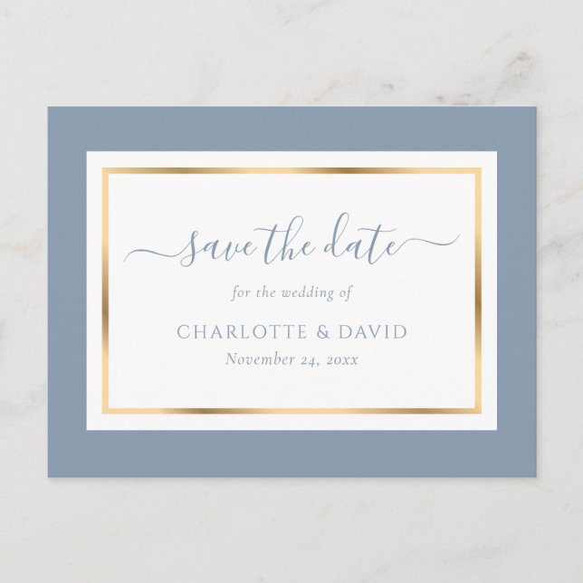Elegant dusty Blue und Gold Wedding speichern das  Ankündigungspostkarte (Vorderseite)