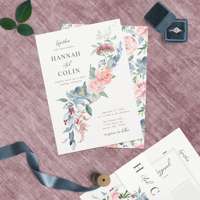 Elegant Dusty Blue und Rose Floral Swag Einladung (Von Creator hochgeladen)