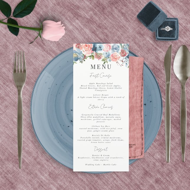 Elegant Dusty Blue und Rose Floral Swag Menükarte (Von Creator hochgeladen)