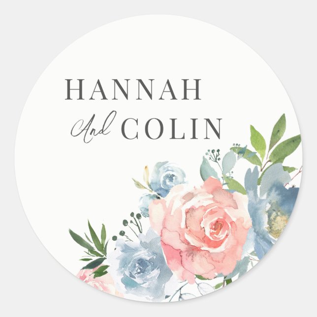 Elegant Dusty Blue und Rose Floral Swag Runder Aufkleber (Vorderseite)