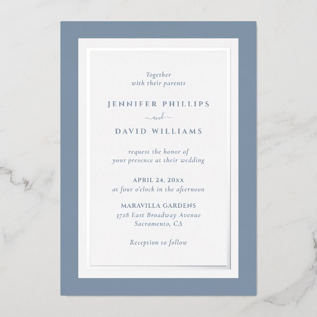 Elegant Dusty Blue und Silver Folieneinladung (Vorderseite)