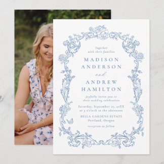Elegant Dusty Blue Victorian Floral Photo Wedding Einladung