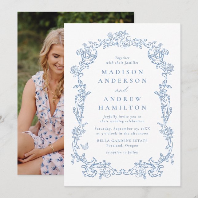 Elegant Dusty Blue Victorian Floral Photo Wedding Einladung (Vorne/Hinten)