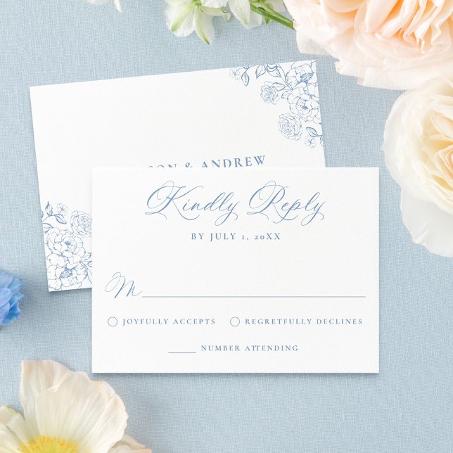 Elegant Dusty Blue Victorian Floral Wedding RSVP Karte (Von Creator hochgeladen)