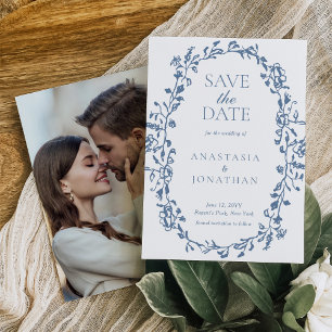 Elegant Dusty Blue Viktorianisch Floral Foto Hochz Save The Date
