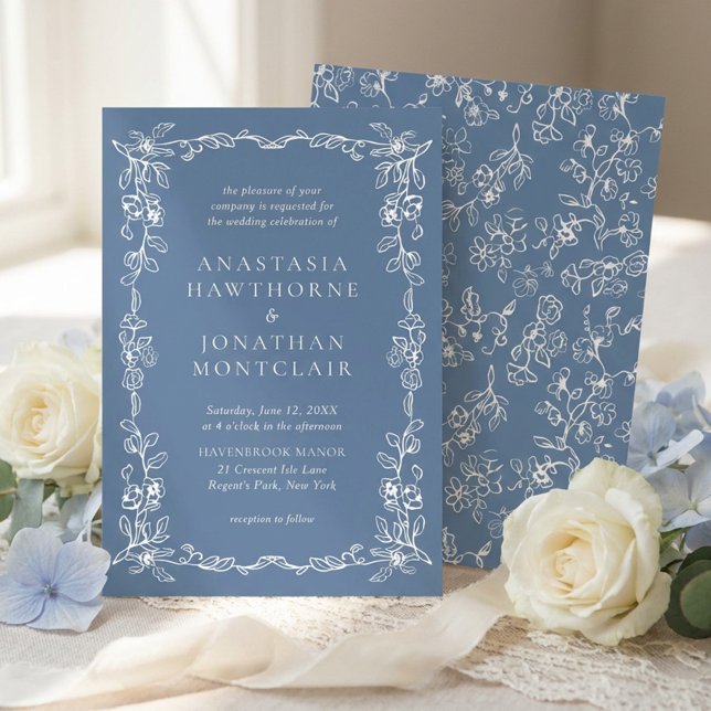 Elegant Dusty Blue Vintage Floral Wedding Einladung (Von Creator hochgeladen)