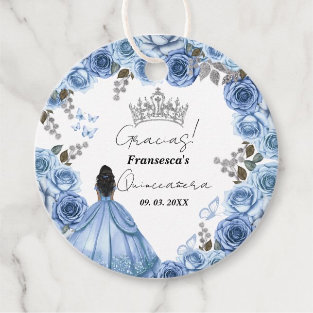 Elegant Dusty Blue Watercolor Floral Quinceñera Geschenkanhänger (Vorderseite)
