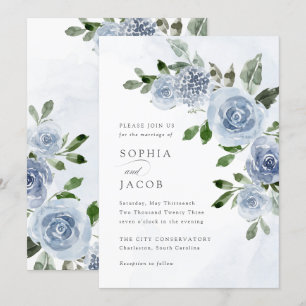 Elegant Dusty Blue Watercolor Floral Wedding Einladung