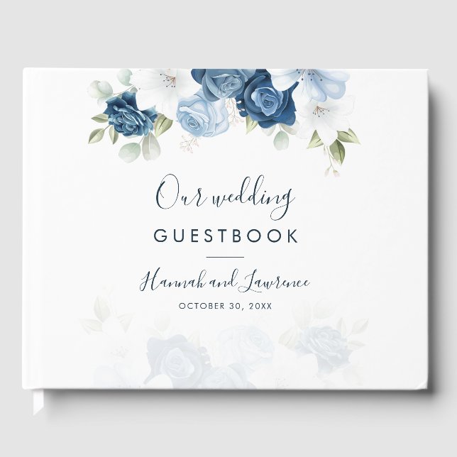 Elegant Dusty Blue Watercolor Floral Wedding Gästebuch (Vorderseite)