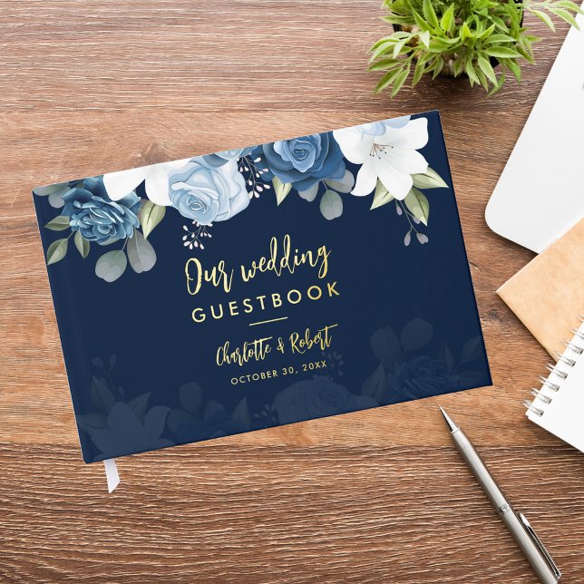 Elegant Dusty Blue Watercolor Floral Wedding Gästebuch (Dusty Blue Floral Wedding Gold Foil Guest Book)