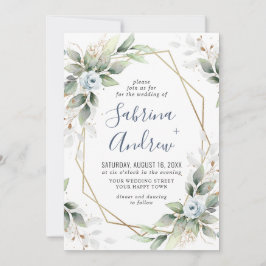 Elegant Dusty Blue Watercolor Grüne Hochzeit Einladung