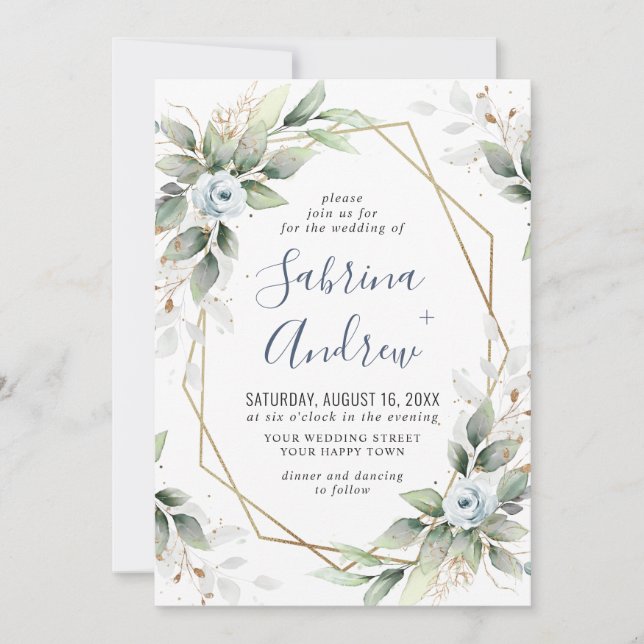 Elegant Dusty Blue Watercolor Grüne Hochzeit Einladung (Vorderseite)