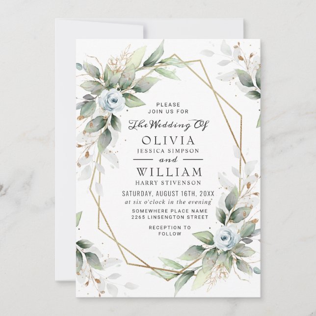 Elegant Dusty Blue Watercolor Grüne Hochzeit Einladung (Vorderseite)