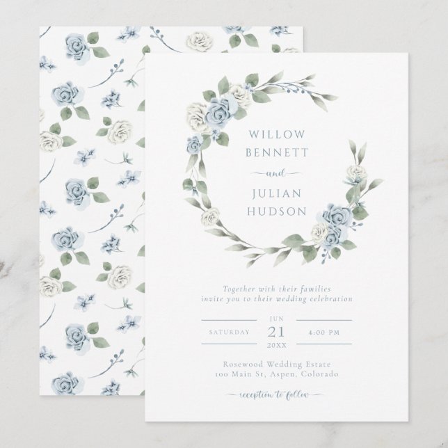 Elegant Dusty Blue Wedding Einladung (Vorne/Hinten)