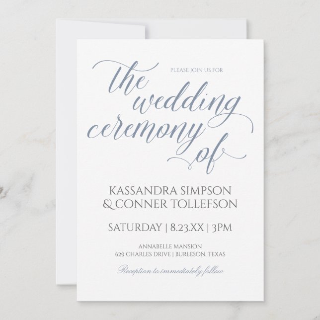 Elegant Dusty Blue Wedding Einladungen Kalligraphi (Vorderseite)