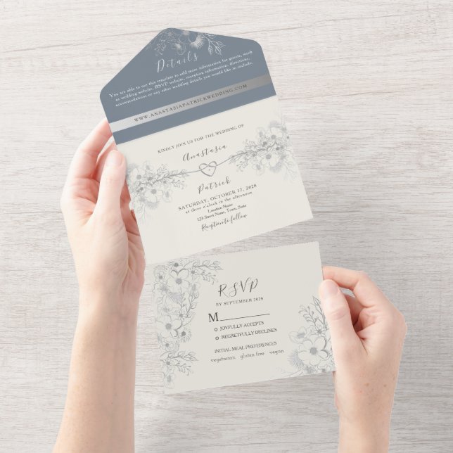 Elegant Dusty Blue Wedding in einer Einladung (Abreißen)