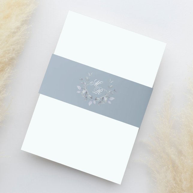 Elegant Dusty Blue Wedding Monogram Einladungsbanderole (Dusty blue monogram laurel motif invitation belly band. )