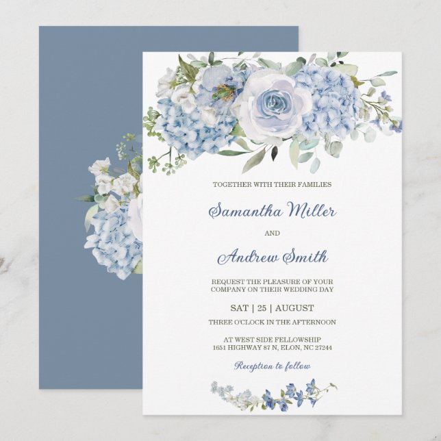 Elegant Dusty Blue Wedding Template Einladung (Vorne/Hinten)