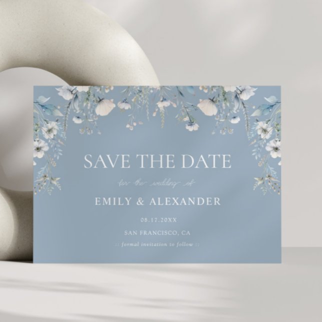 Elegant Dusty Blue White Blume Foto Wedding Save The Date (Von Creator hochgeladen)